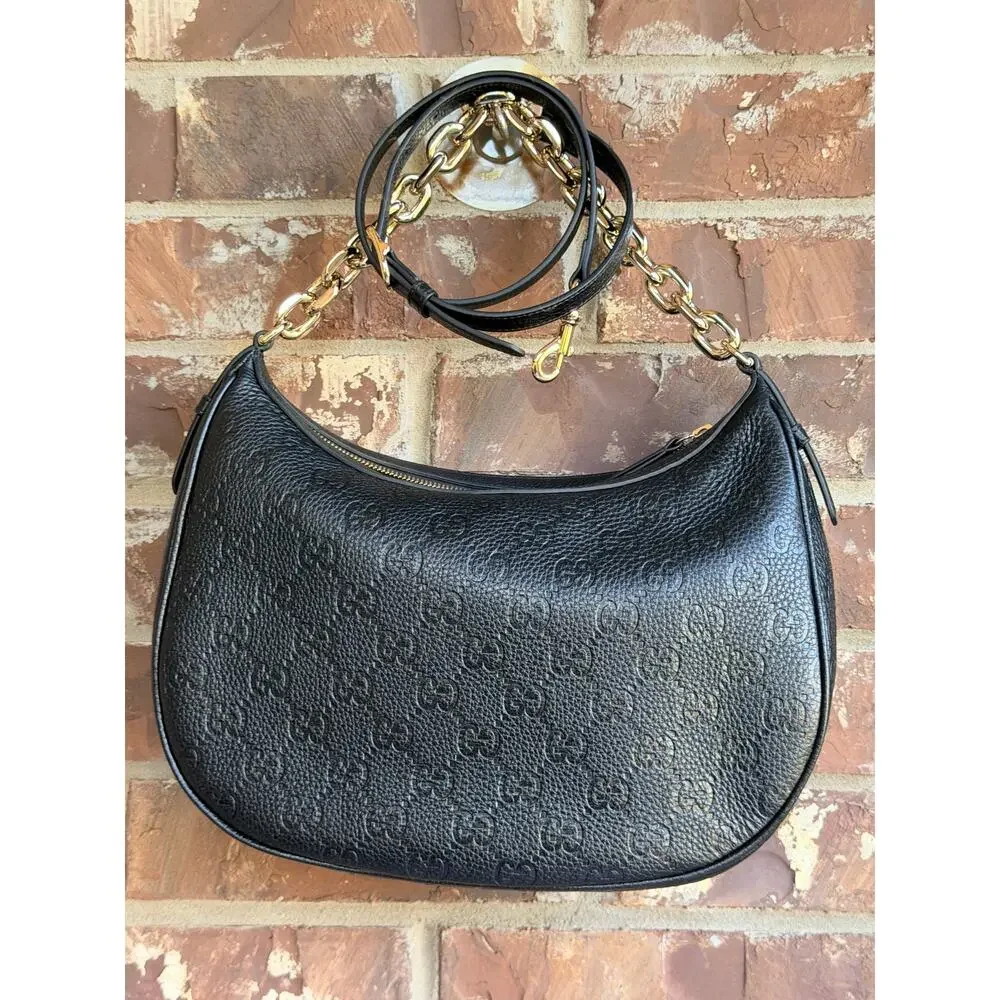 Gucci Emblem Half Moon Shoulder Bag GG Embossed Leather Large Black 96549